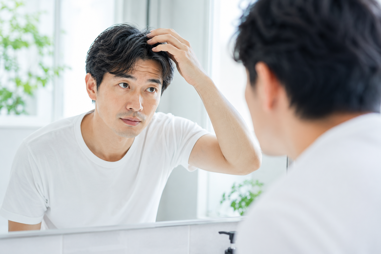 鏡で髪の変化を確認する男性